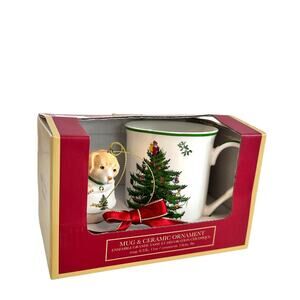 Spode Christmas Tree Mug and Puppy In Boot Ceramic Ornament Set In Box New